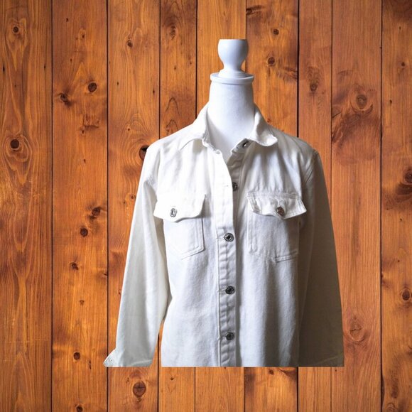 Shein Women's XS Off White Button Front Collared Heavy Jean Shirt Raw Hem Pocket - Picture 2 of 6